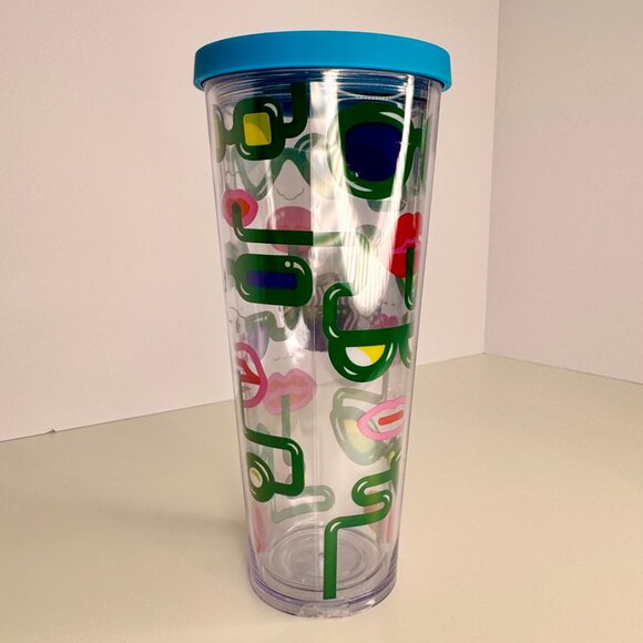2014 STARBUCKS 24 OZ HEART LIPS GLASSES TUMBLER COLD CUP VENTI Blue Lid - Picture 3 of 4